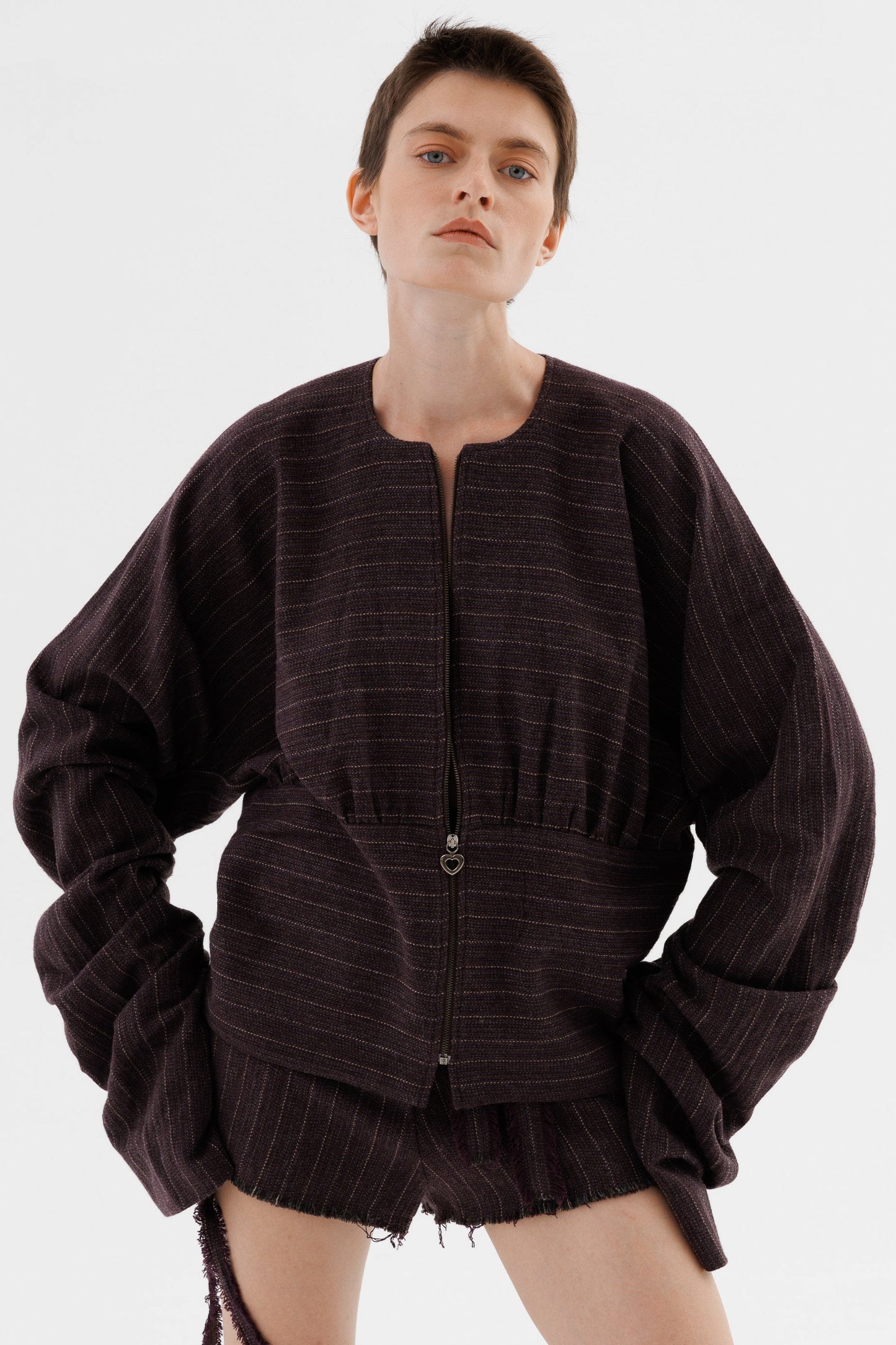 Draped pinstriped herringbone wool bomber jacket