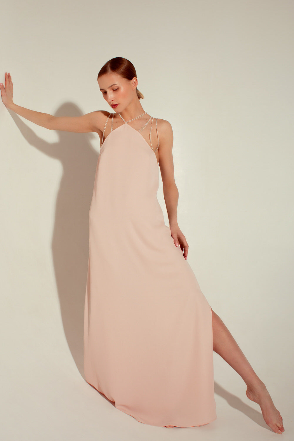 Pearl-trimmed chiffon crepe maxi dress