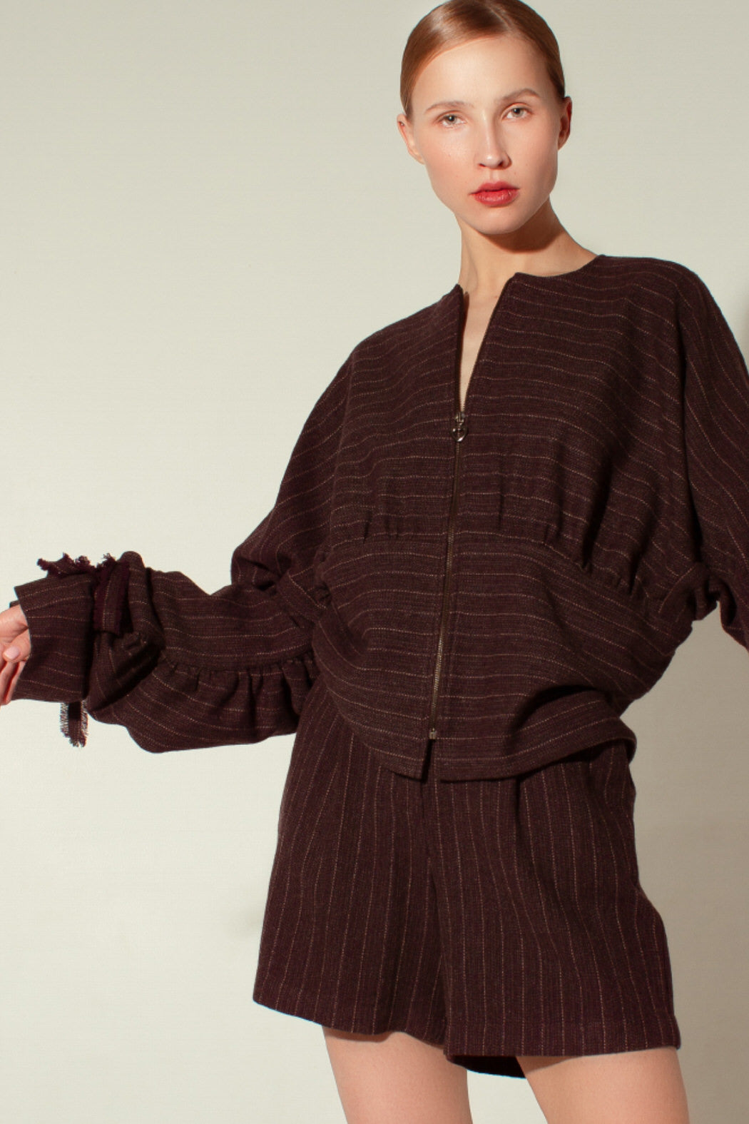 Draped pinstriped wool jacket