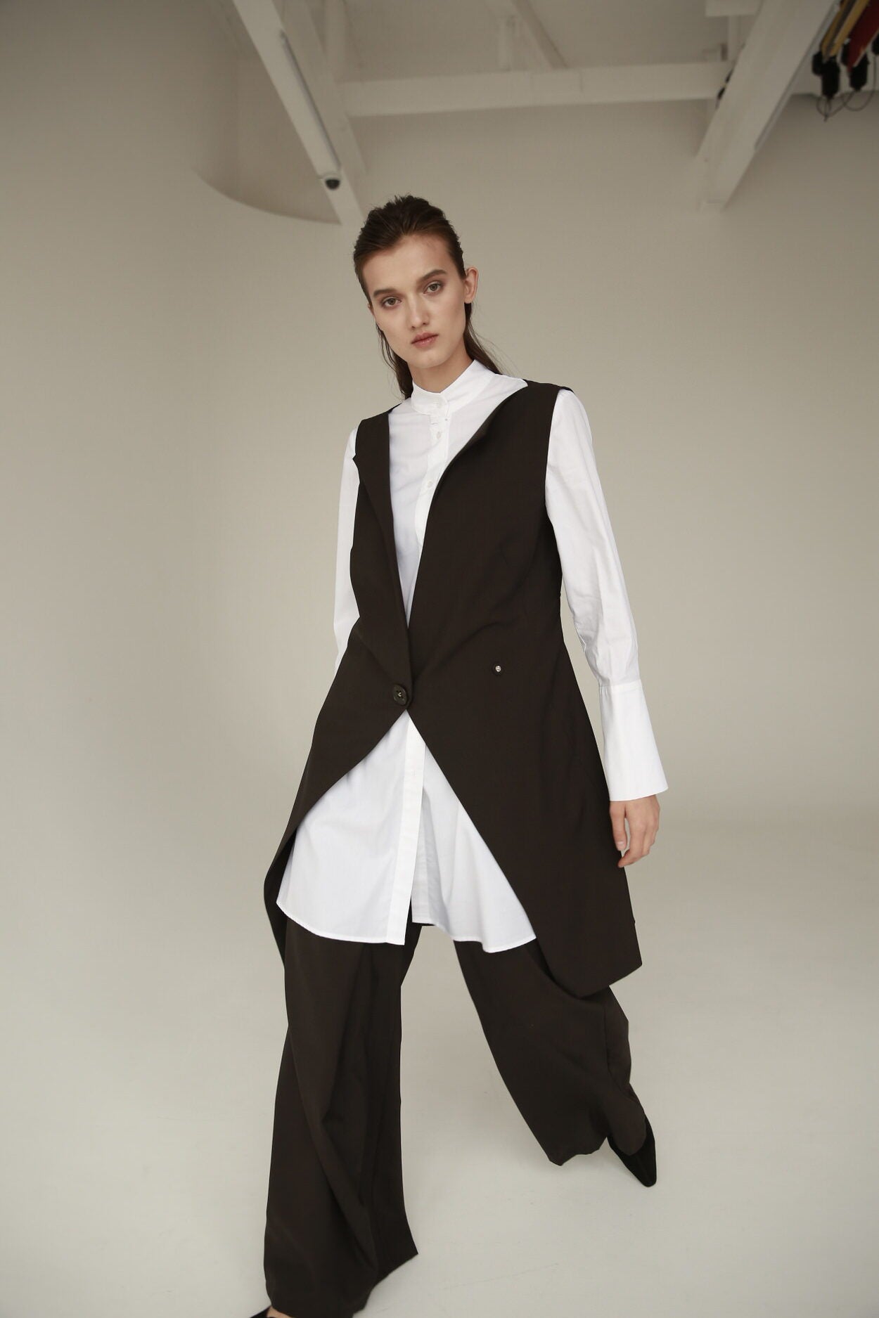Belted asymmetric silk and wool vest