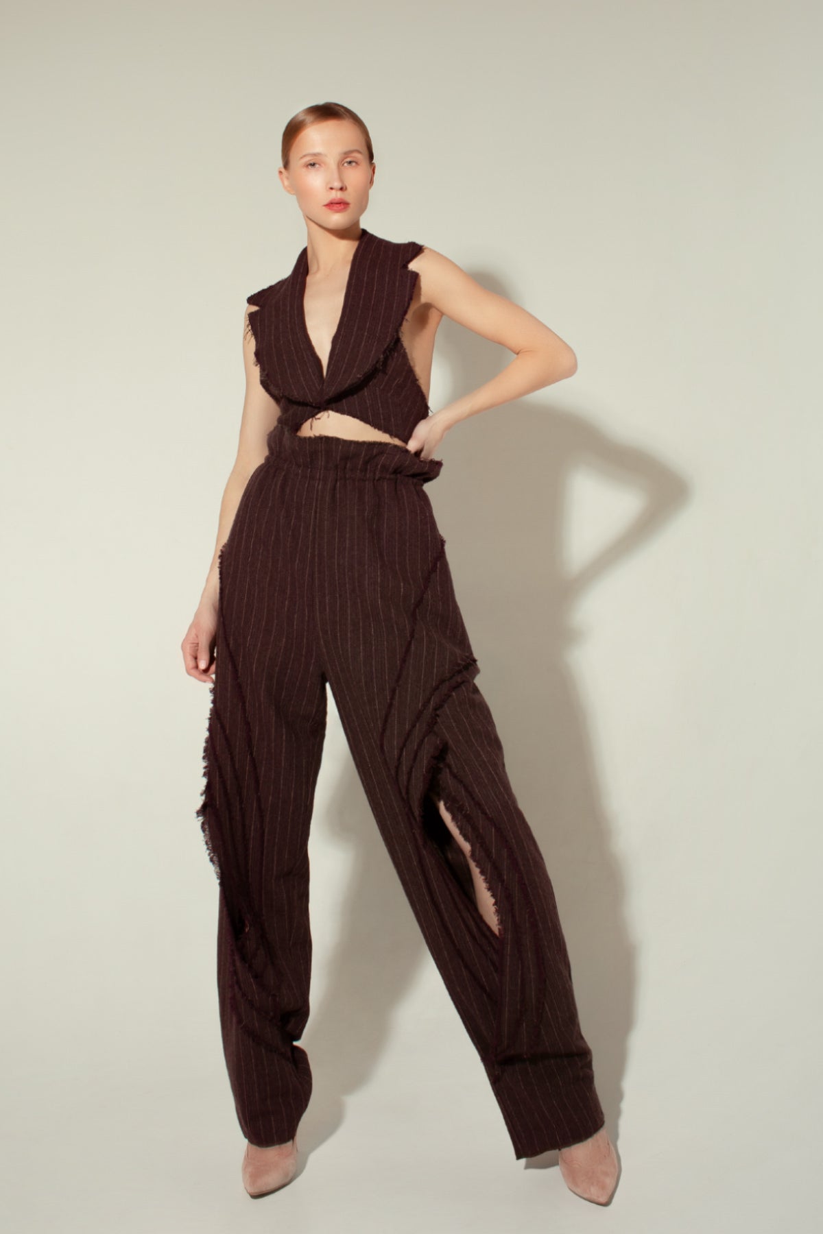 Frayed pinstriped herringbone wool vest