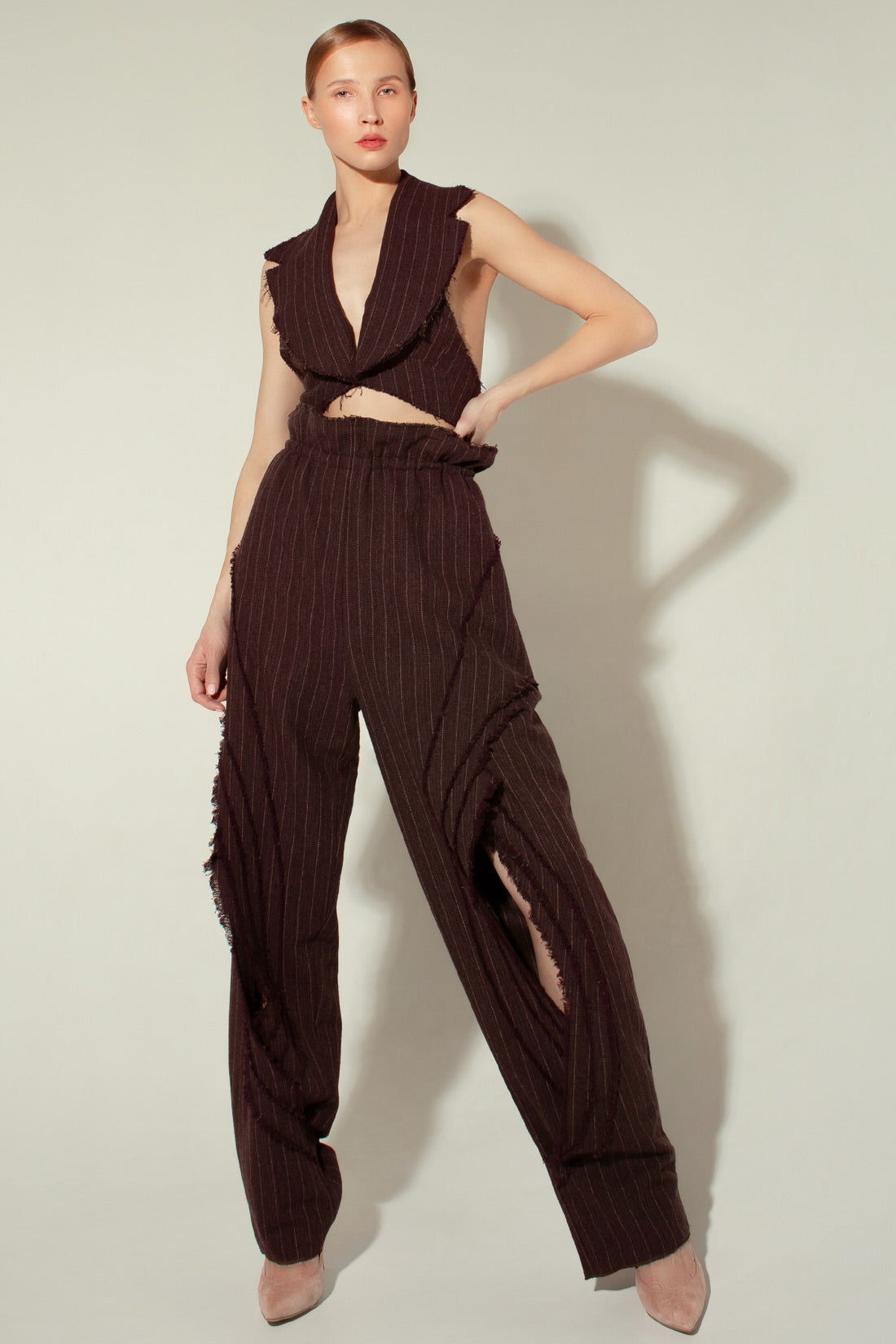 Cutout pinstriped herringbone wool tapered pants