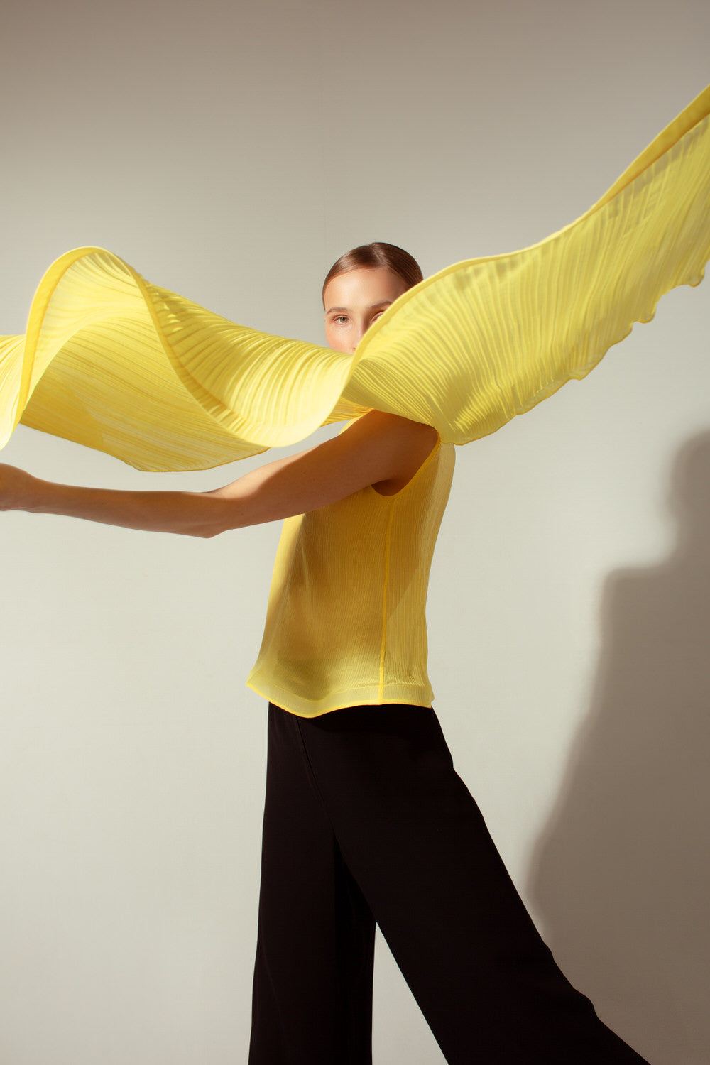 One-shoulder pleated chiffon blouse