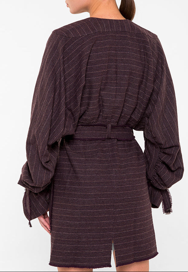 Draped pinstriped herringbone wool bomber jacket dress