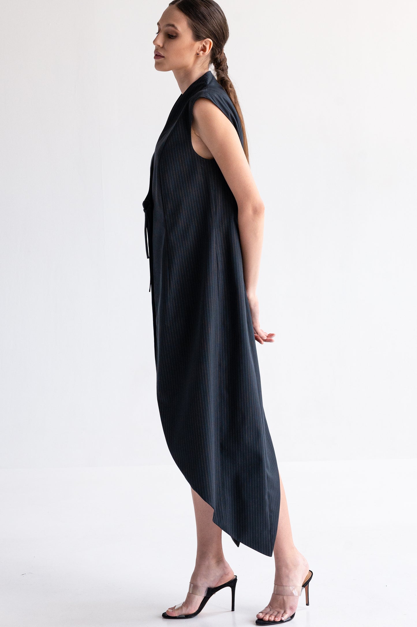 Oversized pinstriped woven longline vest