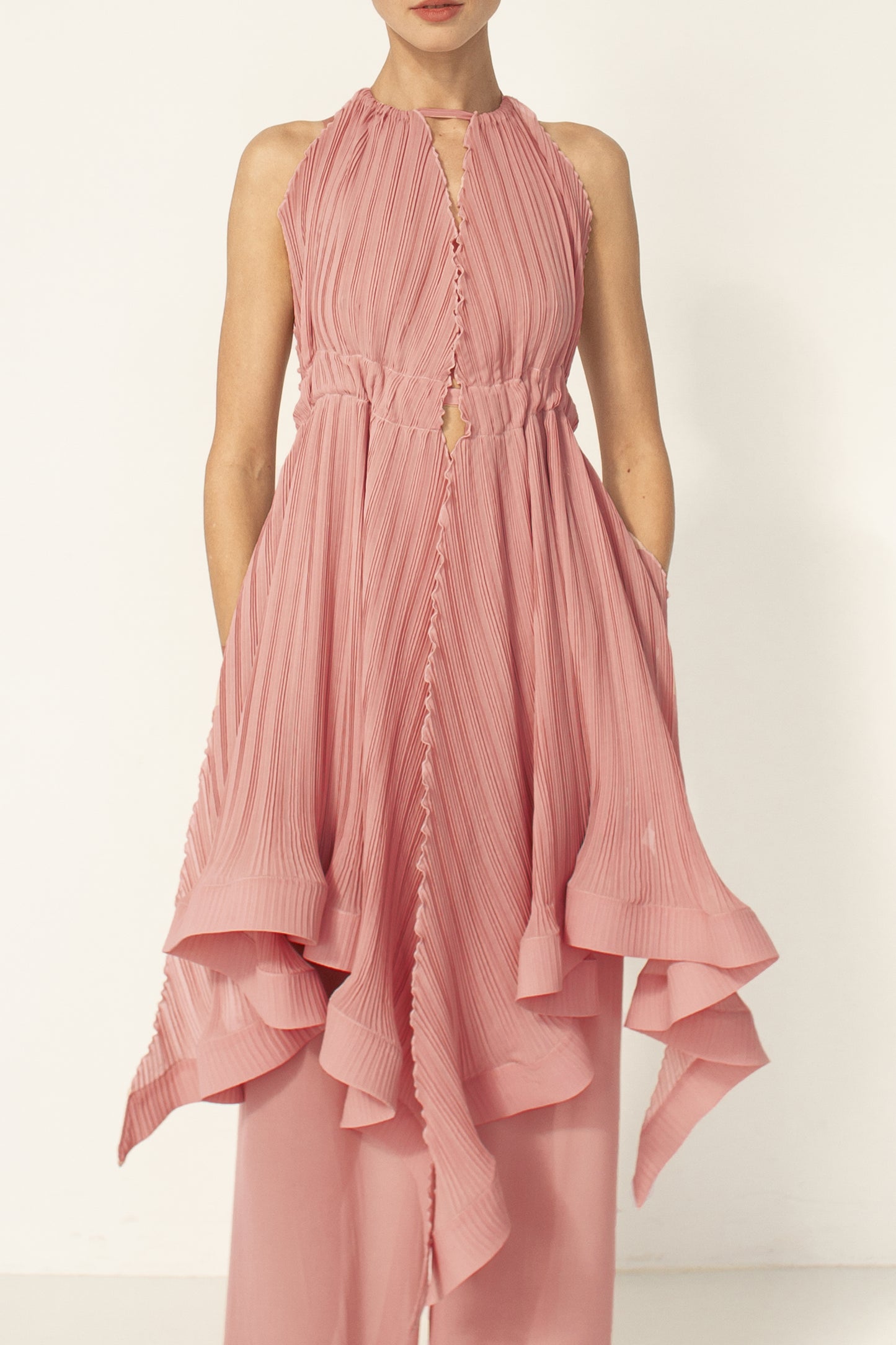 Asymmetric transformer plisse chiffon dress