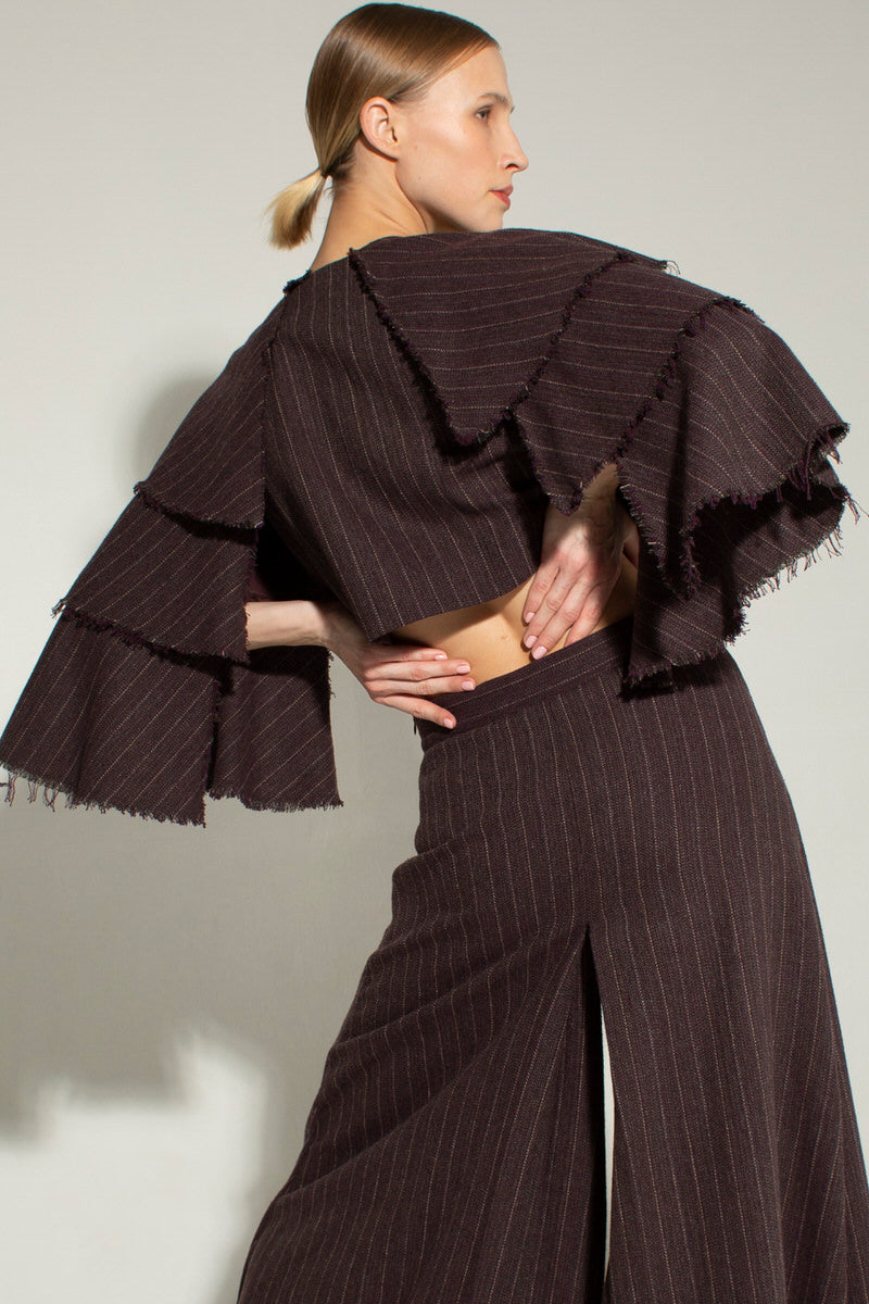 Distressed pinstriped wool cape