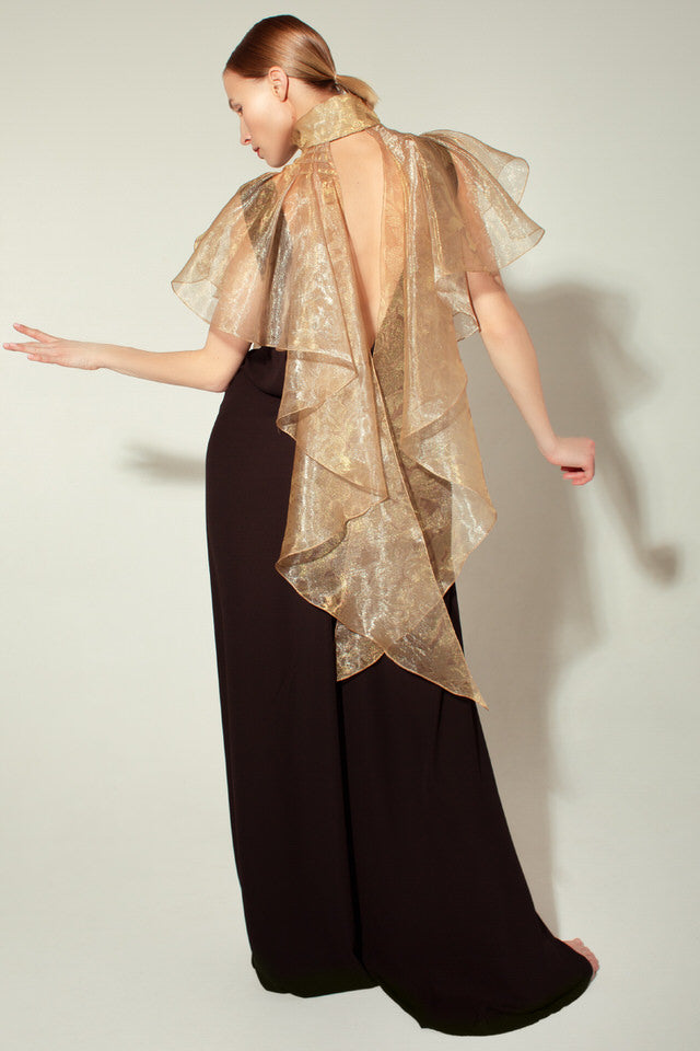 Long black crepe chiffon jumpsuit