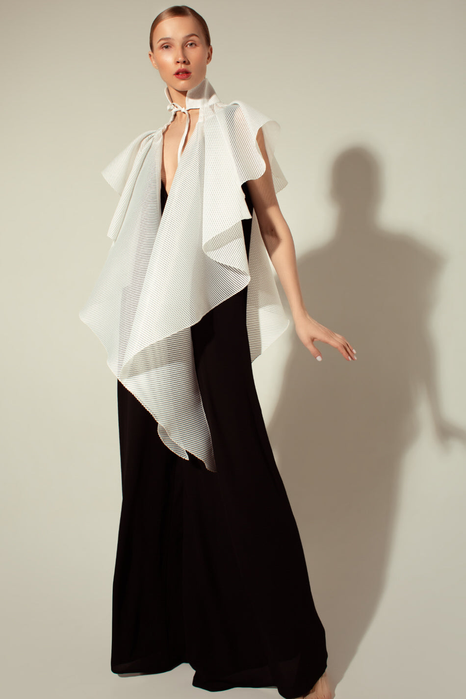 Long black crepe chiffon jumpsuit