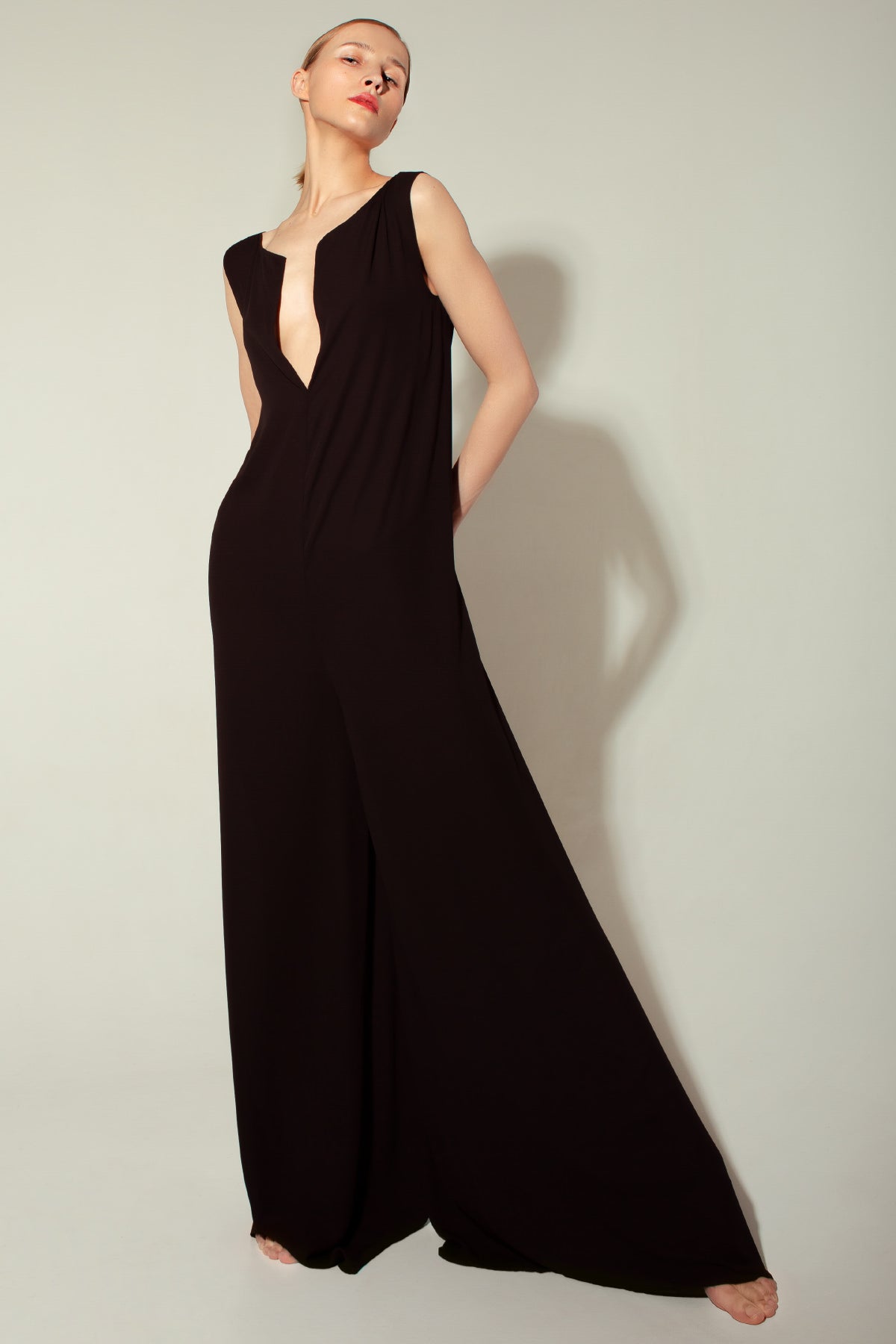 Long black crepe chiffon jumpsuit