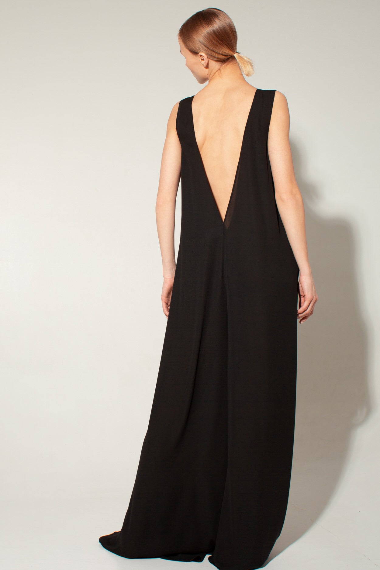 Long black crepe chiffon jumpsuit
