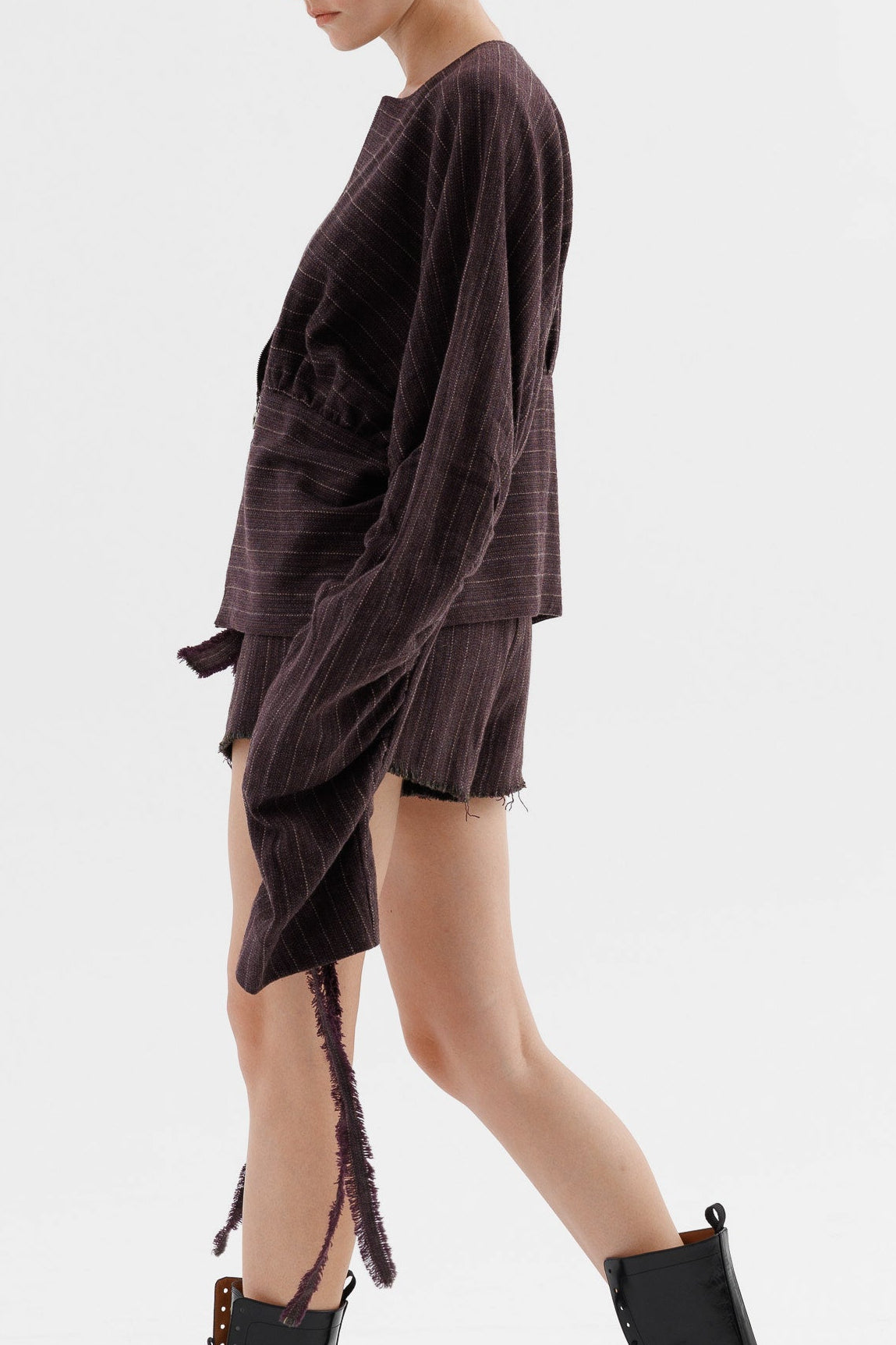 Draped pinstriped herringbone wool bomber jacket