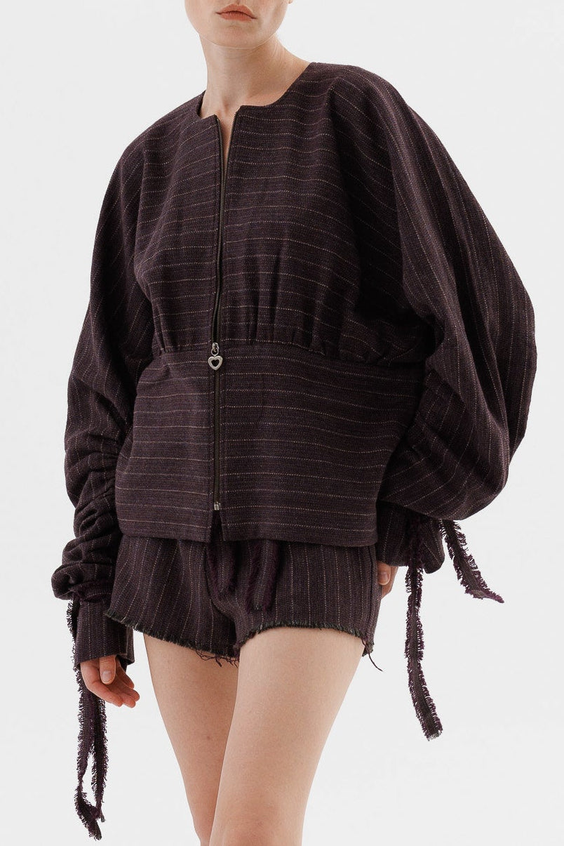 Draped pinstriped herringbone wool bomber jacket