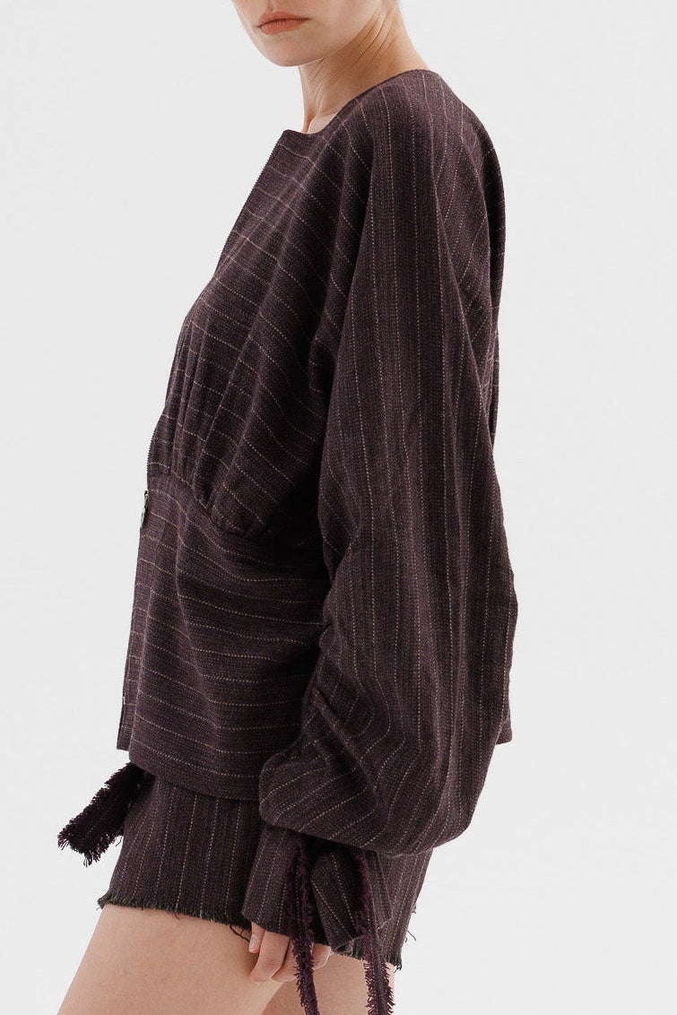 Draped pinstriped herringbone wool bomber jacket