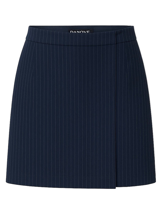 Wrap-effect pinstriped woven mini skirt