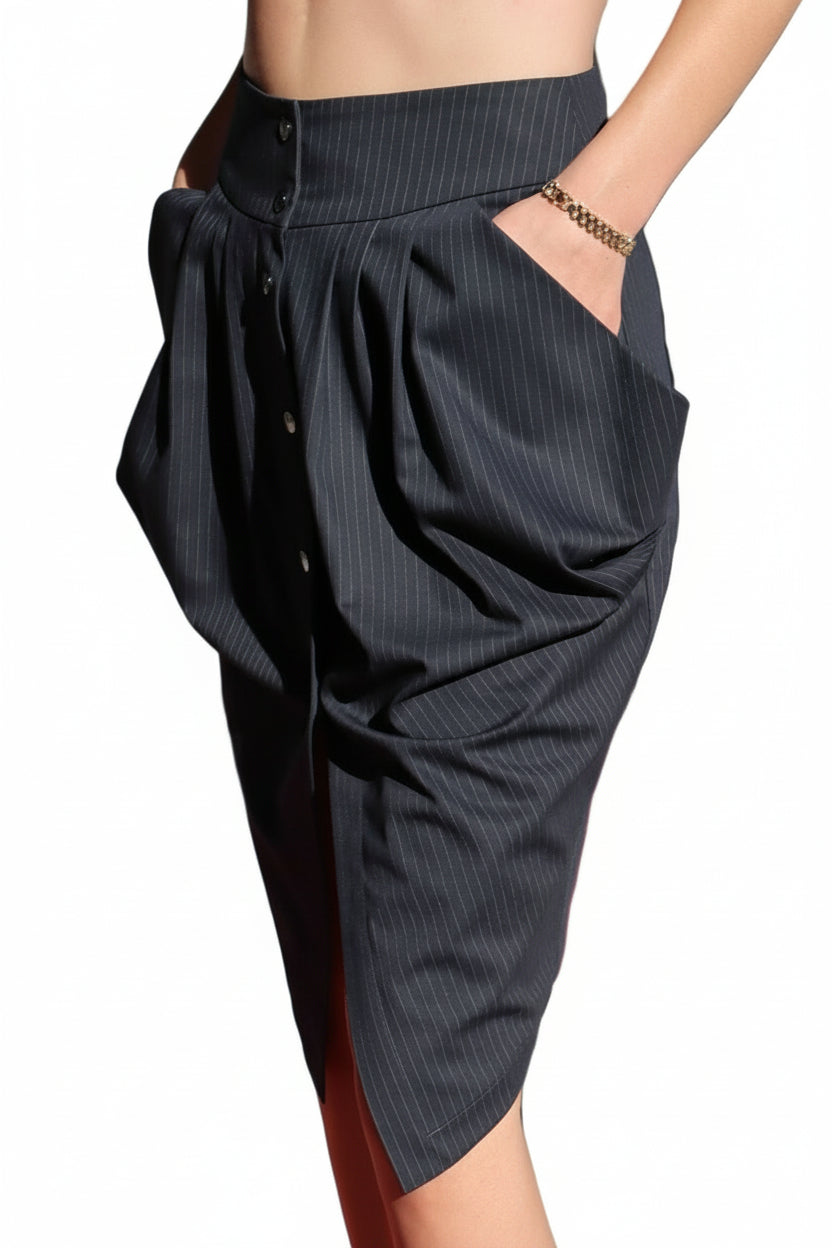 Asymmetric draped pinstriped woven skirt