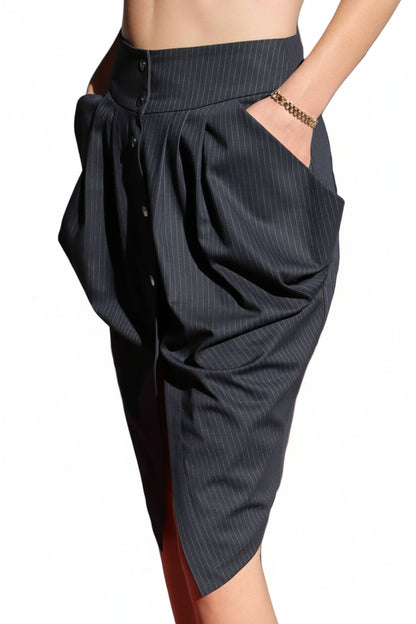 Asymmetric draped pinstriped woven skirt