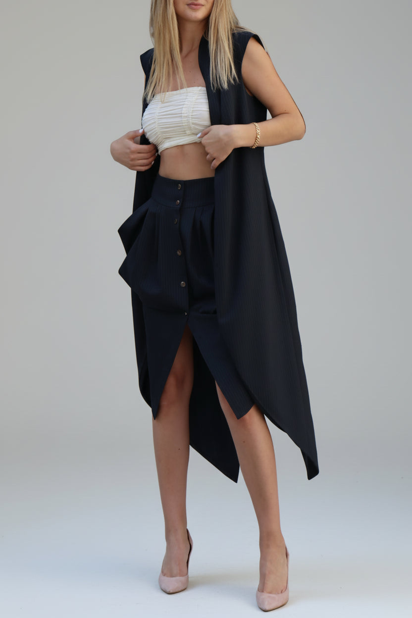 Asymmetric draped pinstriped woven skirt