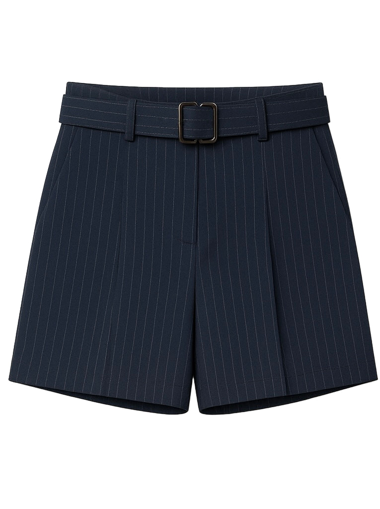 Belted pinstriped woven shorts