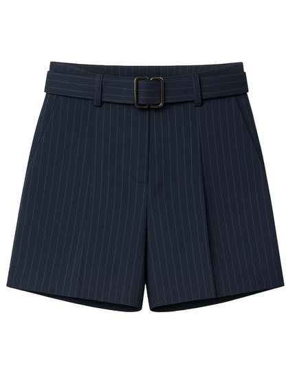 Belted pinstriped woven shorts