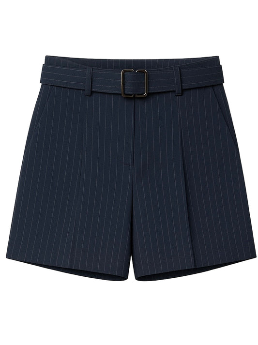 Belted pinstriped woven shorts