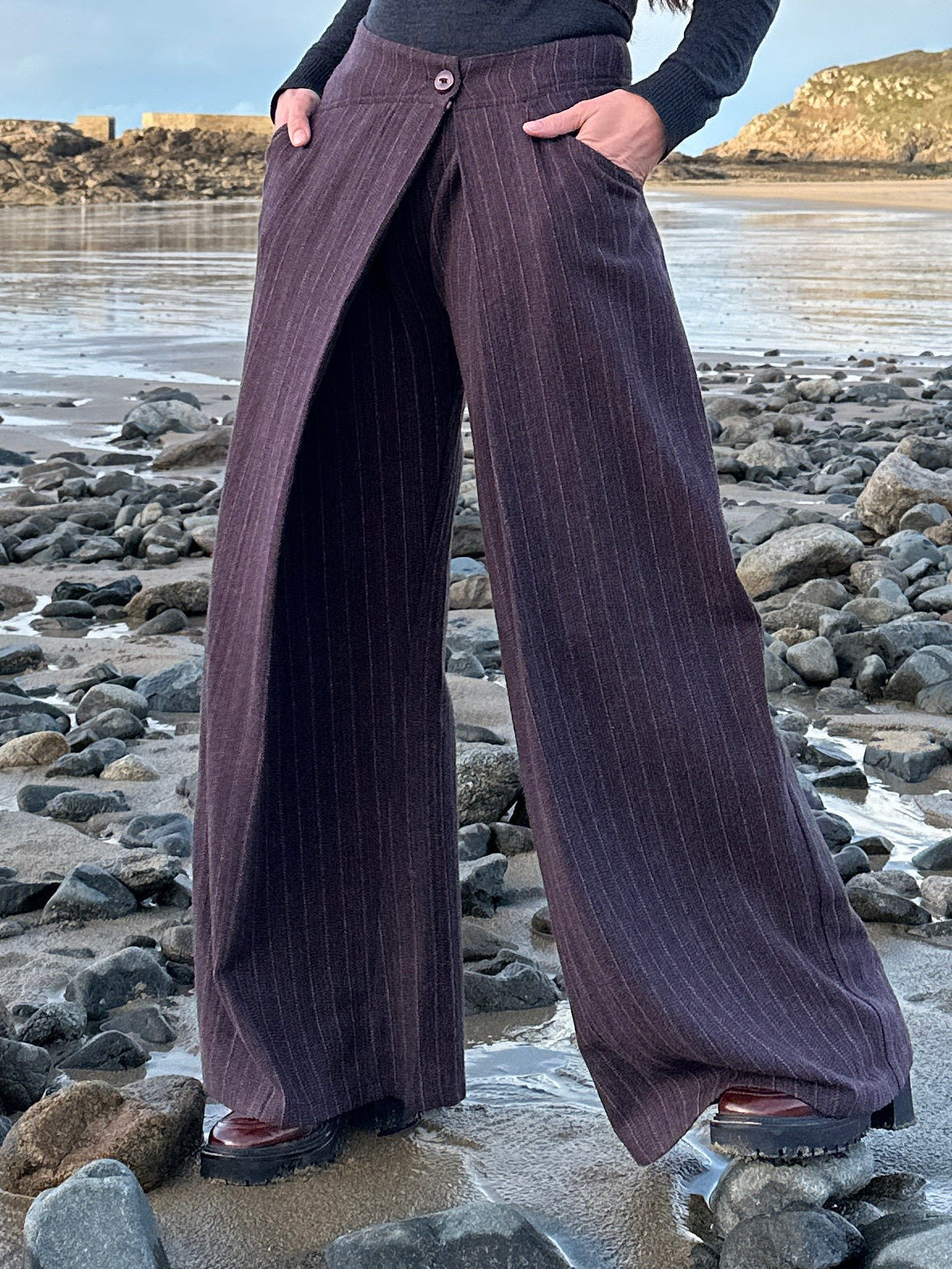 Asymmetric pinstriped herringbone wool wide-leg pants