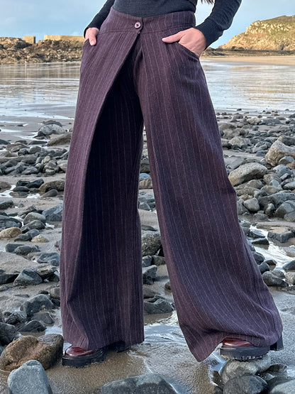 Asymmetric pinstriped herringbone wool wide-leg pants
