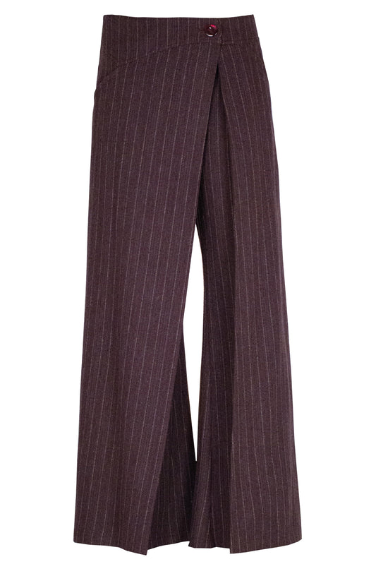 Asymmetric pinstriped herringbone wool wide-leg pants