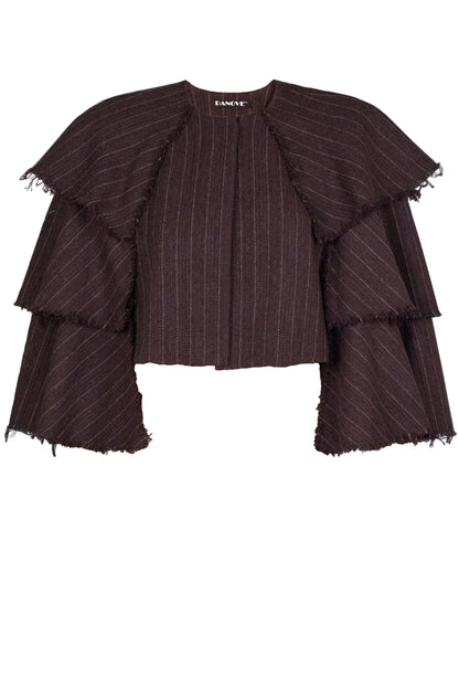 Frayed pinstriped herringbone wool cape