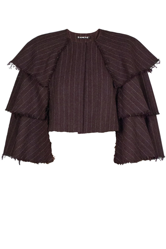 Frayed pinstriped herringbone wool cape