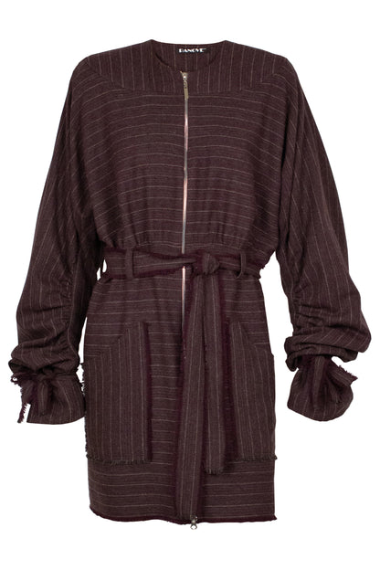 Draped pinstriped herringbone wool bomber jacket dress