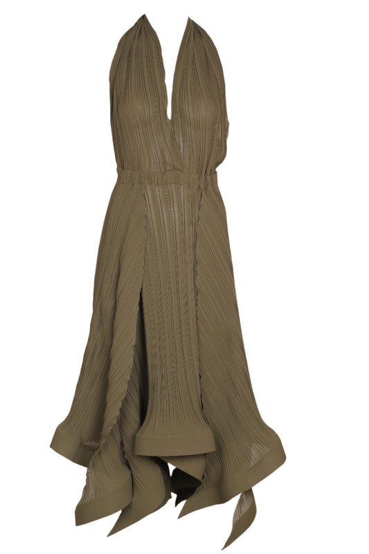Olive green pleated dress on a white background