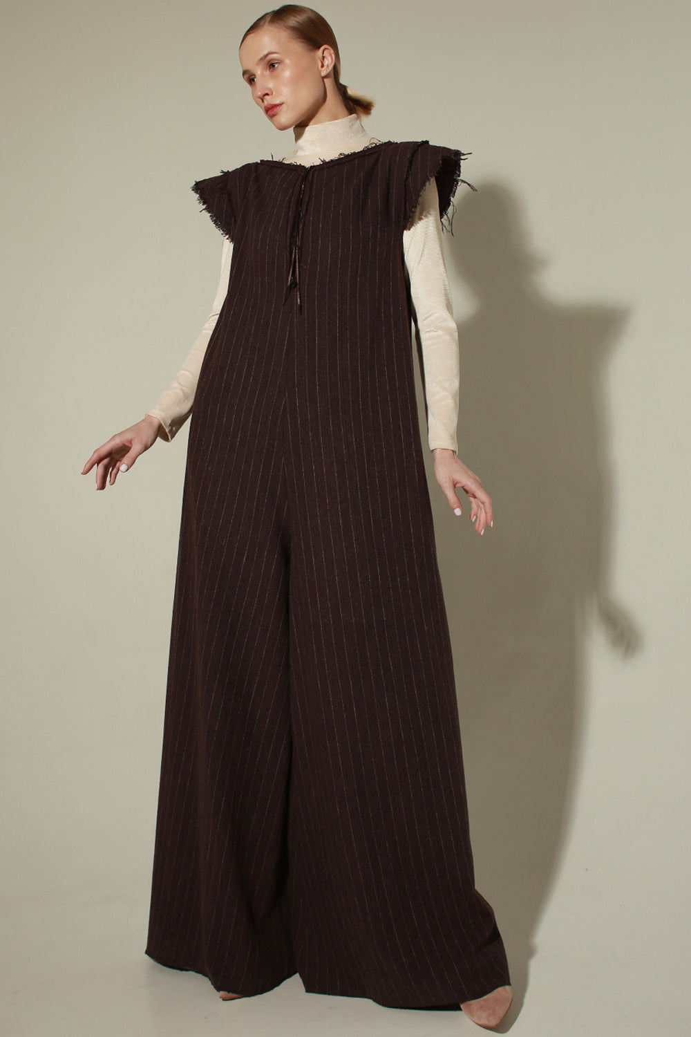 Oversized pinstriped herringbone wool wide-leg jumpsuit
