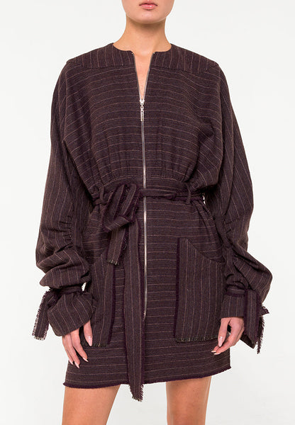 Draped pinstriped herringbone wool bomber jacket dress