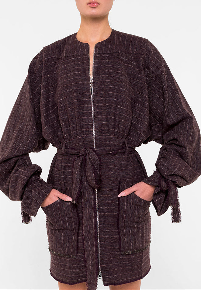 Draped pinstriped herringbone wool bomber jacket dress