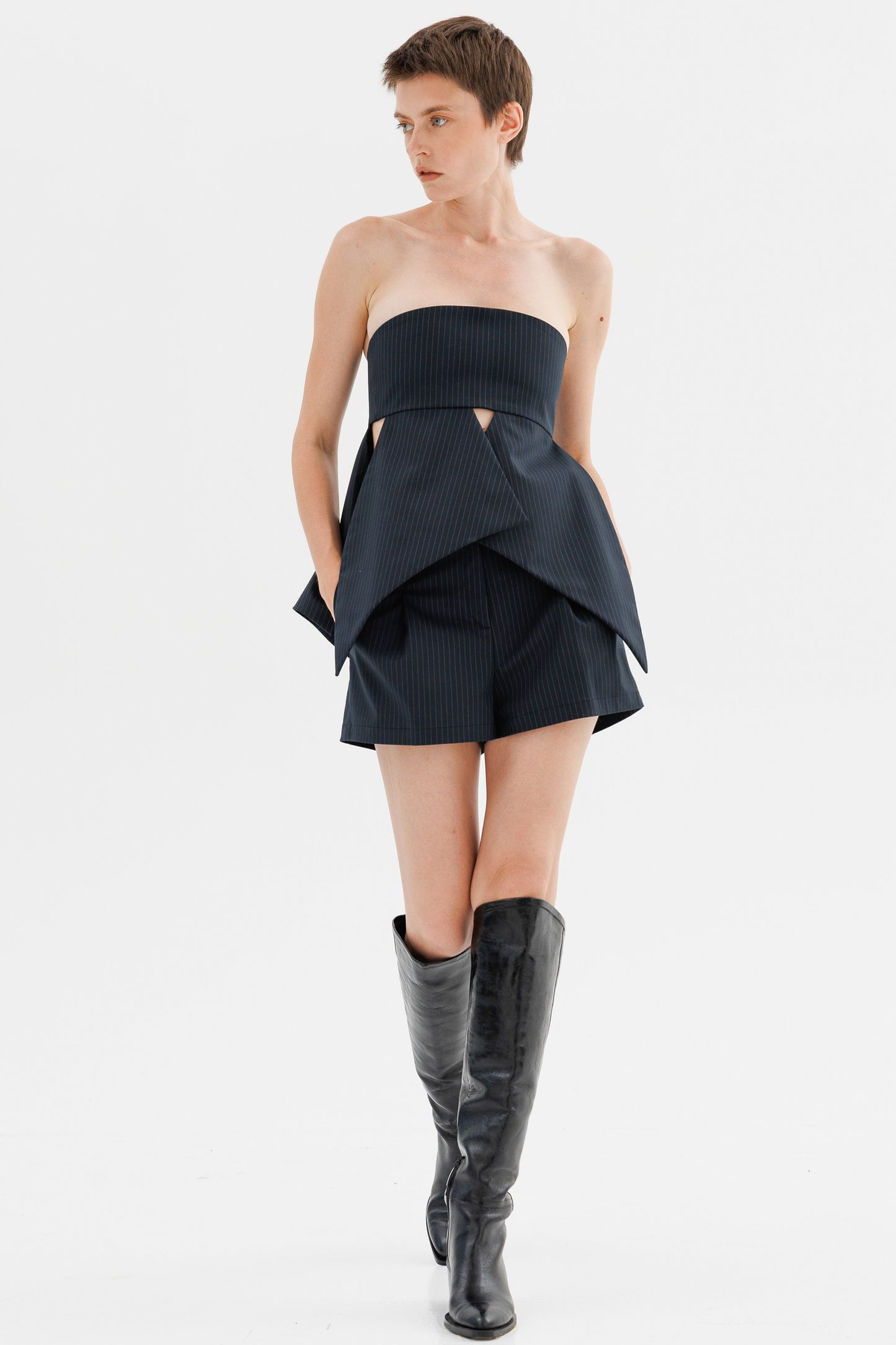 Belted pinstriped woven shorts