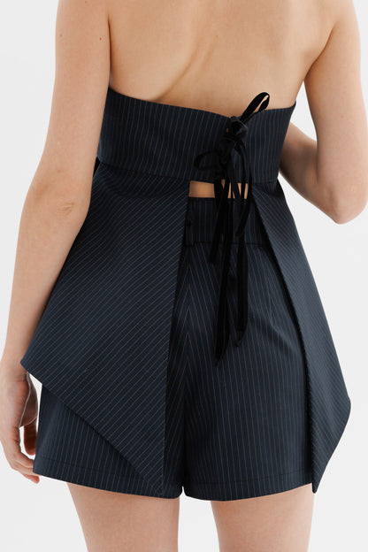 Belted pinstriped woven shorts