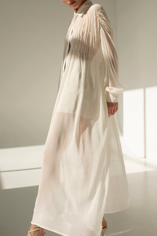 Ruffled voile silk cotton shirt dress