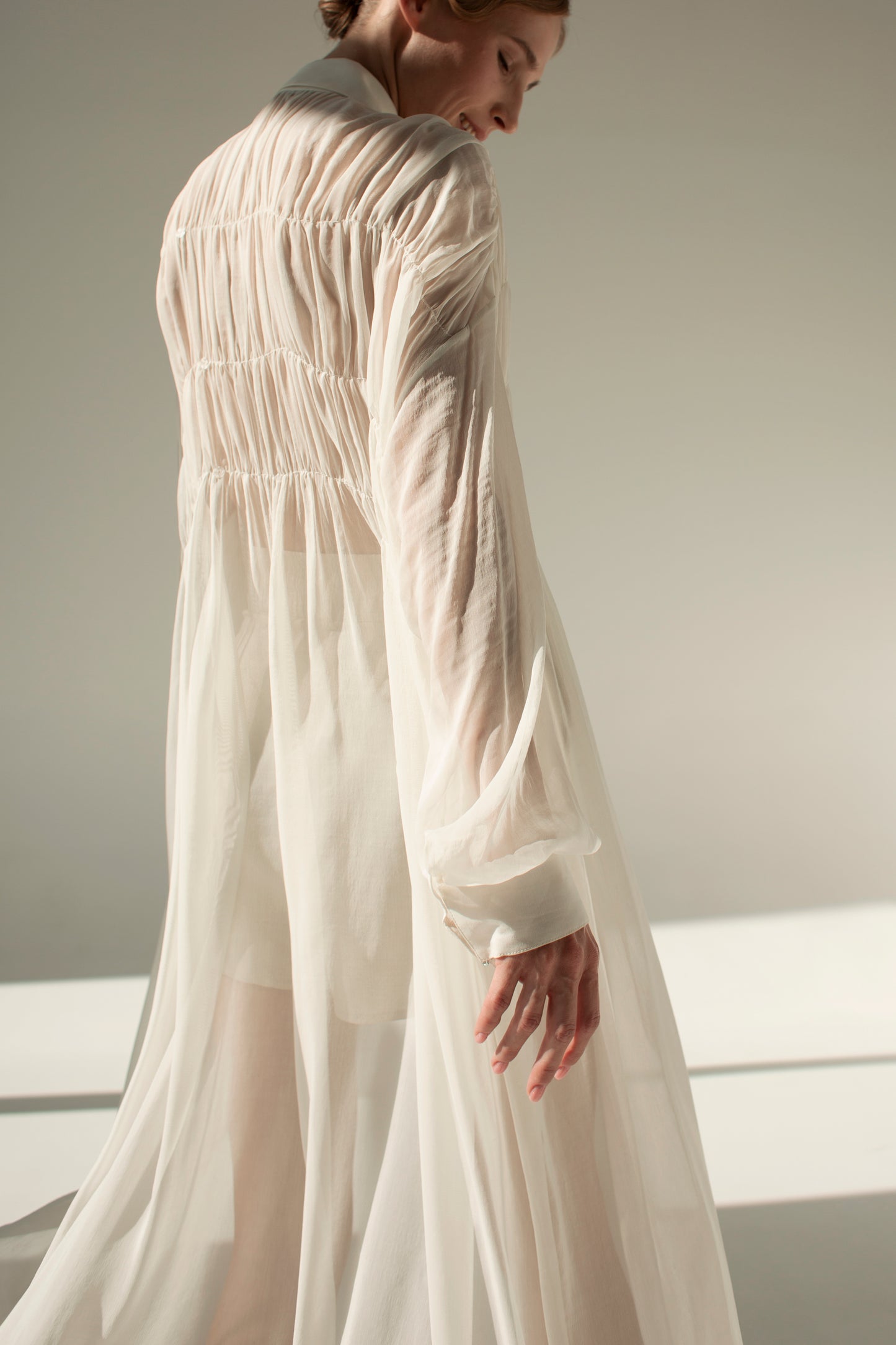 Ruffled voile silk cotton shirt dress