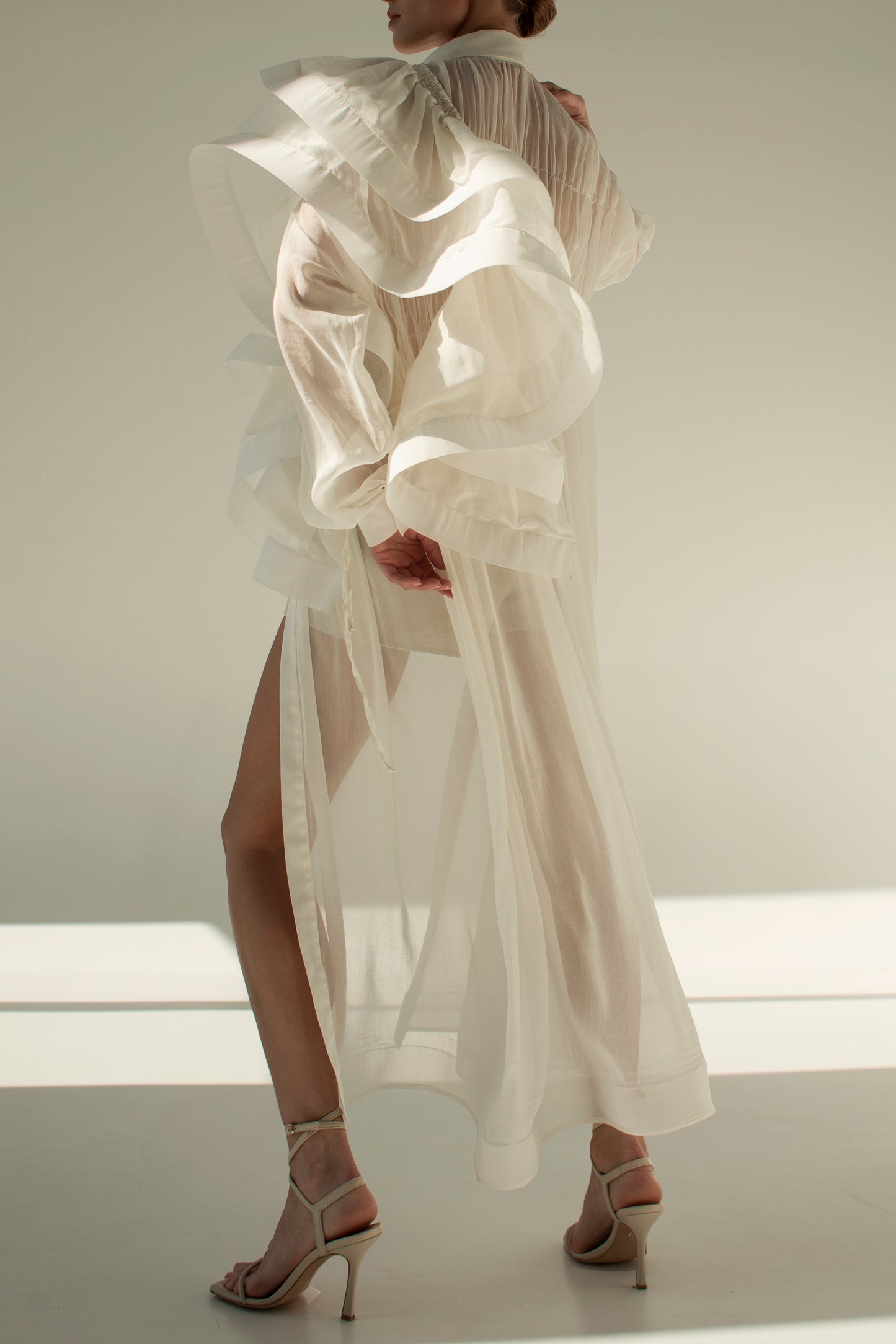 Ruffled voile silk cotton shirt dress