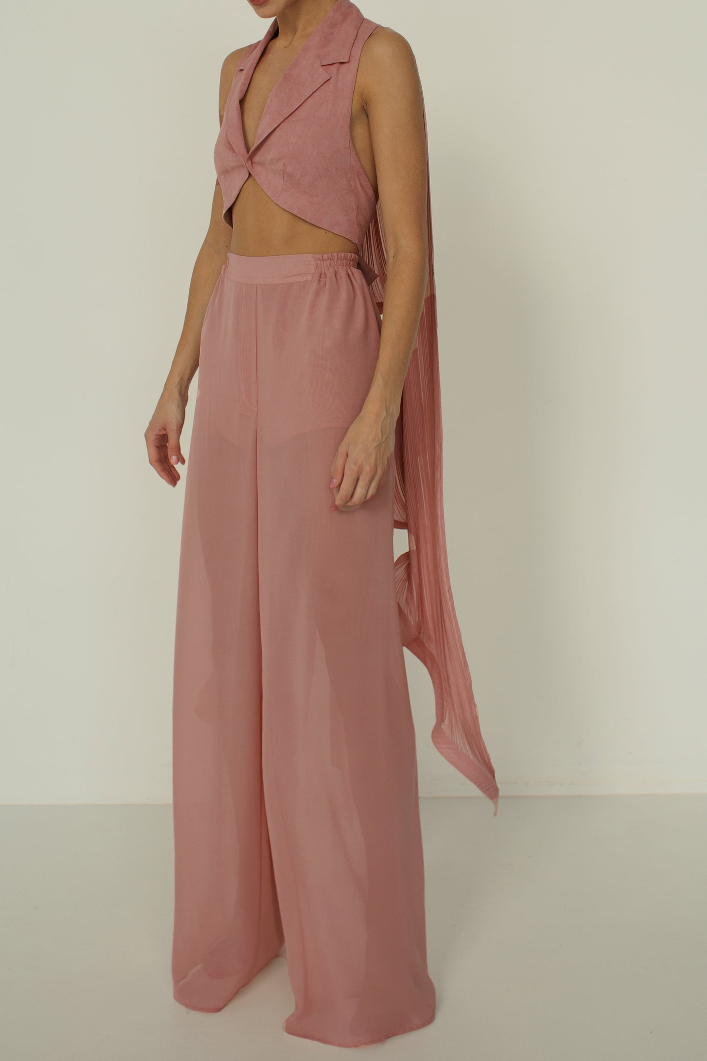 Cropped chiffon plisse jacquard top cape