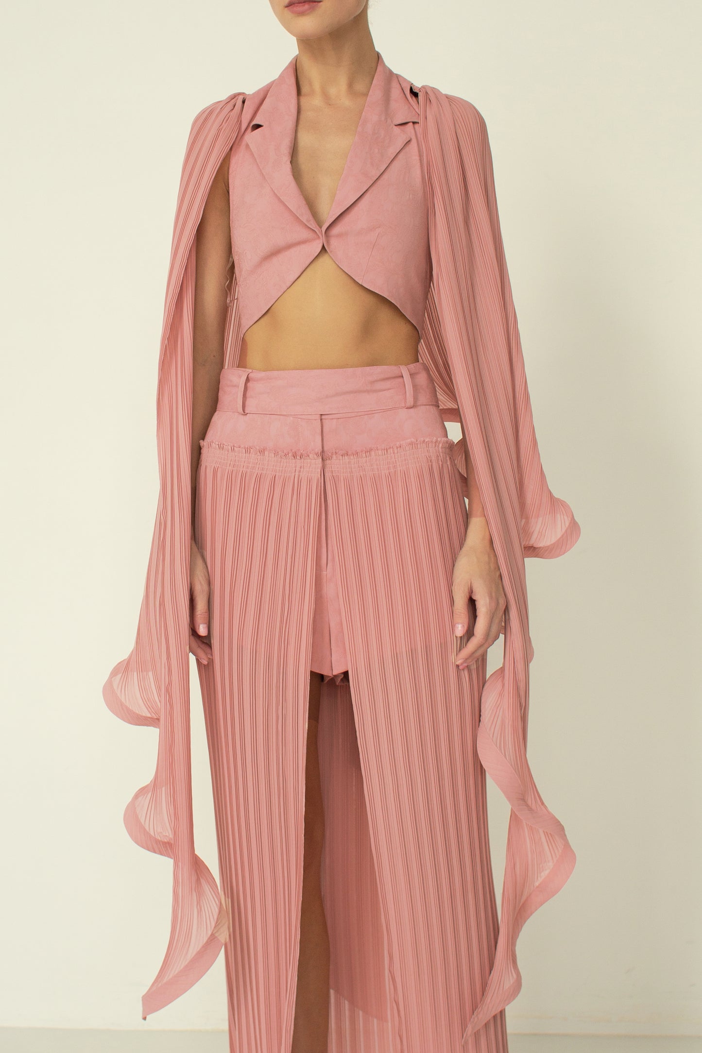 Cropped chiffon plisse jacquard top cape