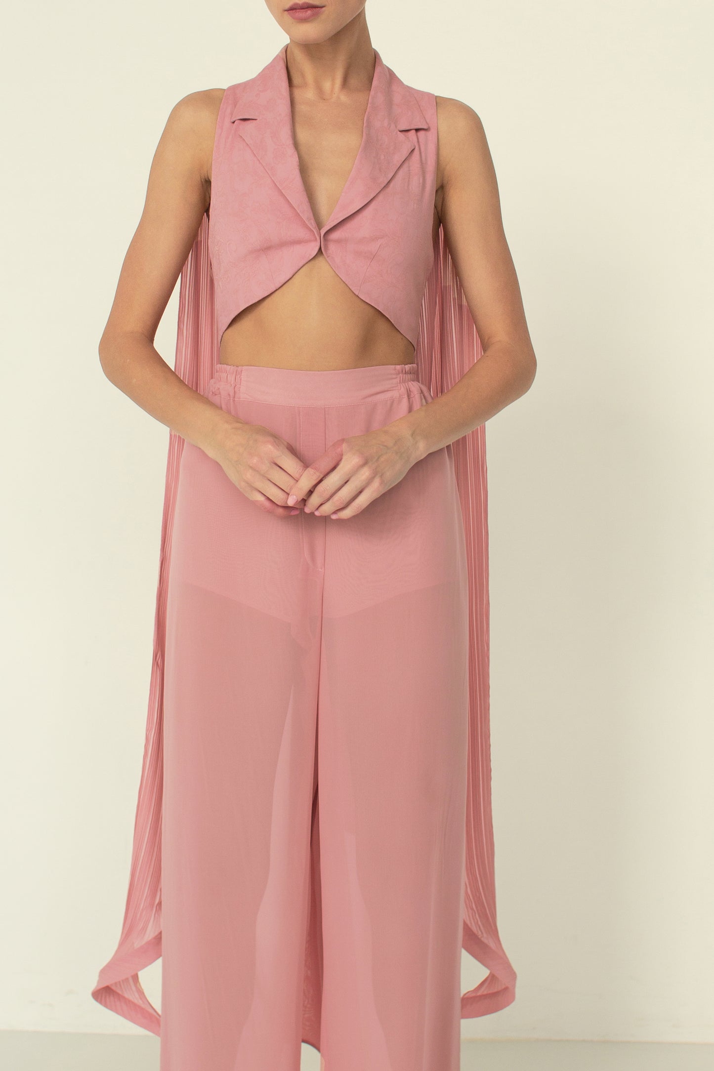 Cropped chiffon plisse jacquard top cape