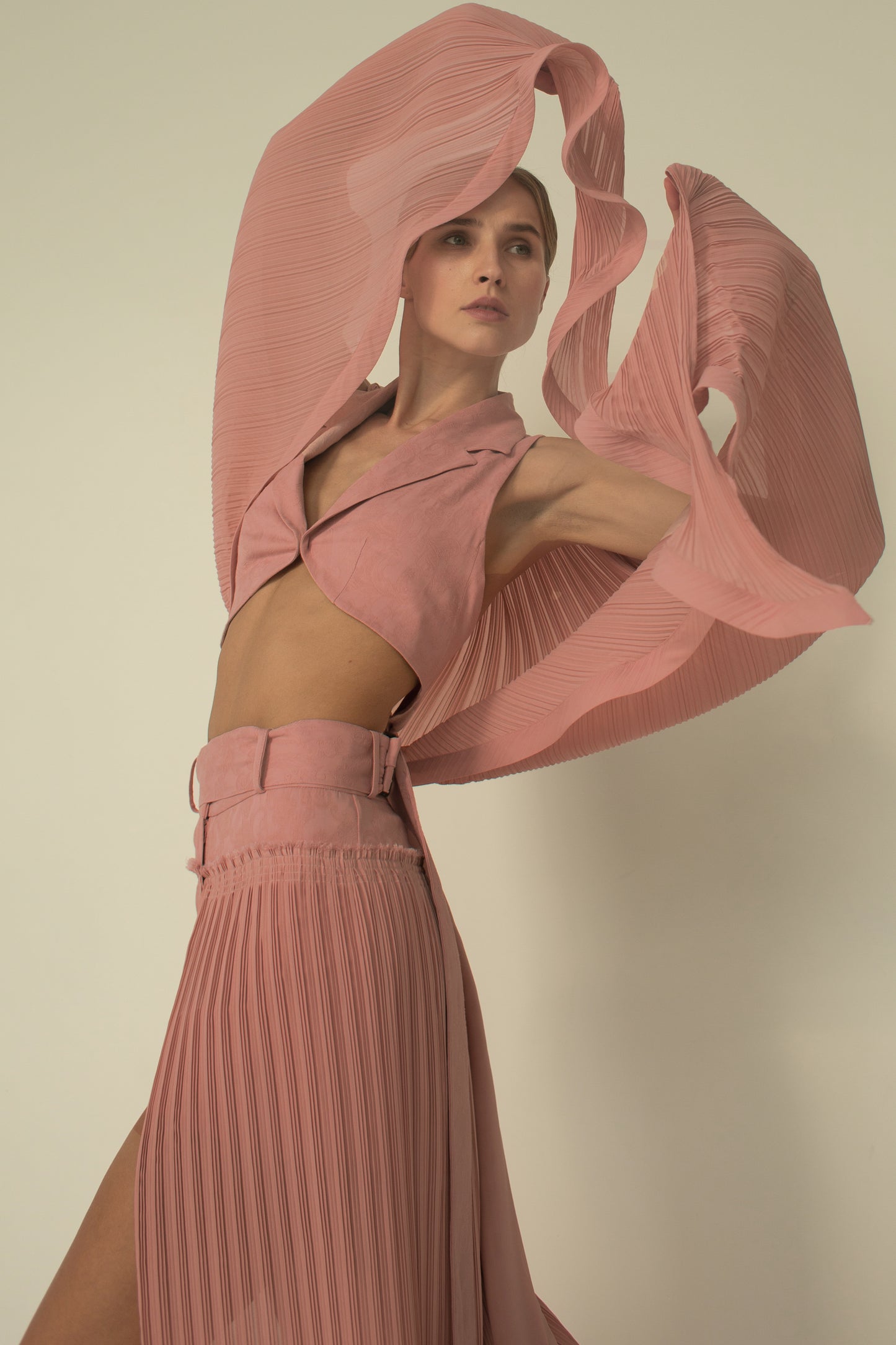 Cropped chiffon plisse jacquard top cape