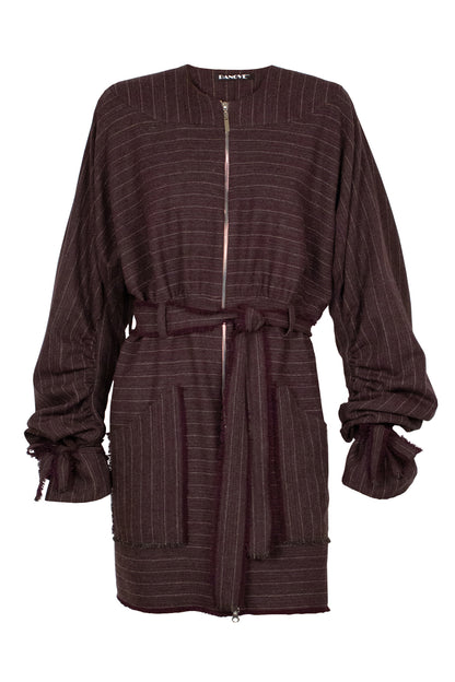 Draped pinstriped herringbone wool bomber jacket dress