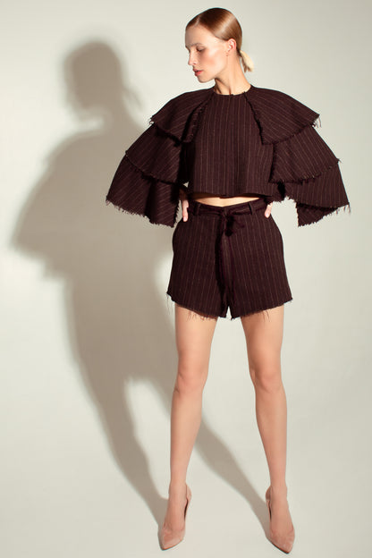 Frayed pinstriped herringbone wool cape
