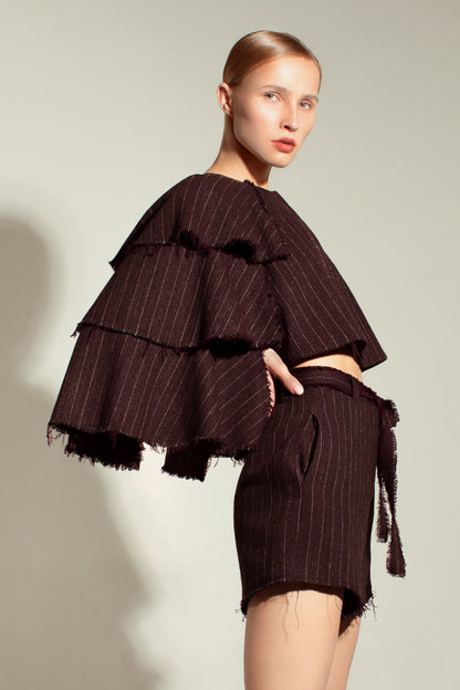 Frayed pinstriped herringbone wool cape
