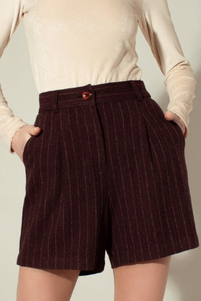 Straight-leg pinstriped herringbone wool shorts